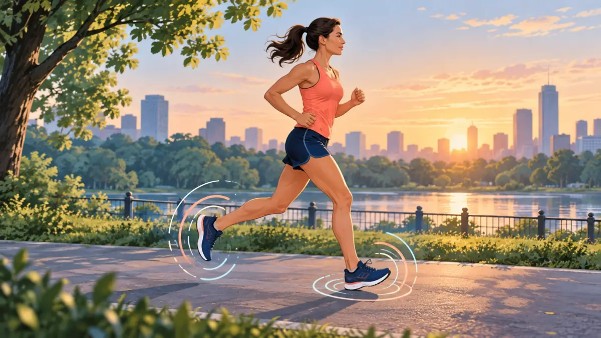 Conceptual illustration of a recreational runner with subtle rhythm marks around the feet in a park