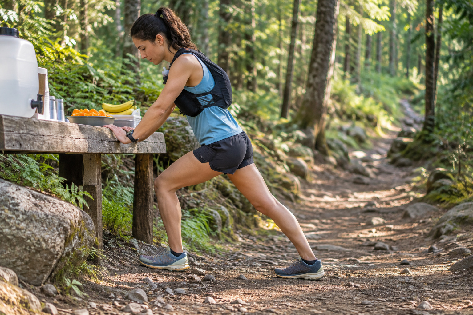 Runner pausing safely for calf discomfort on a trail