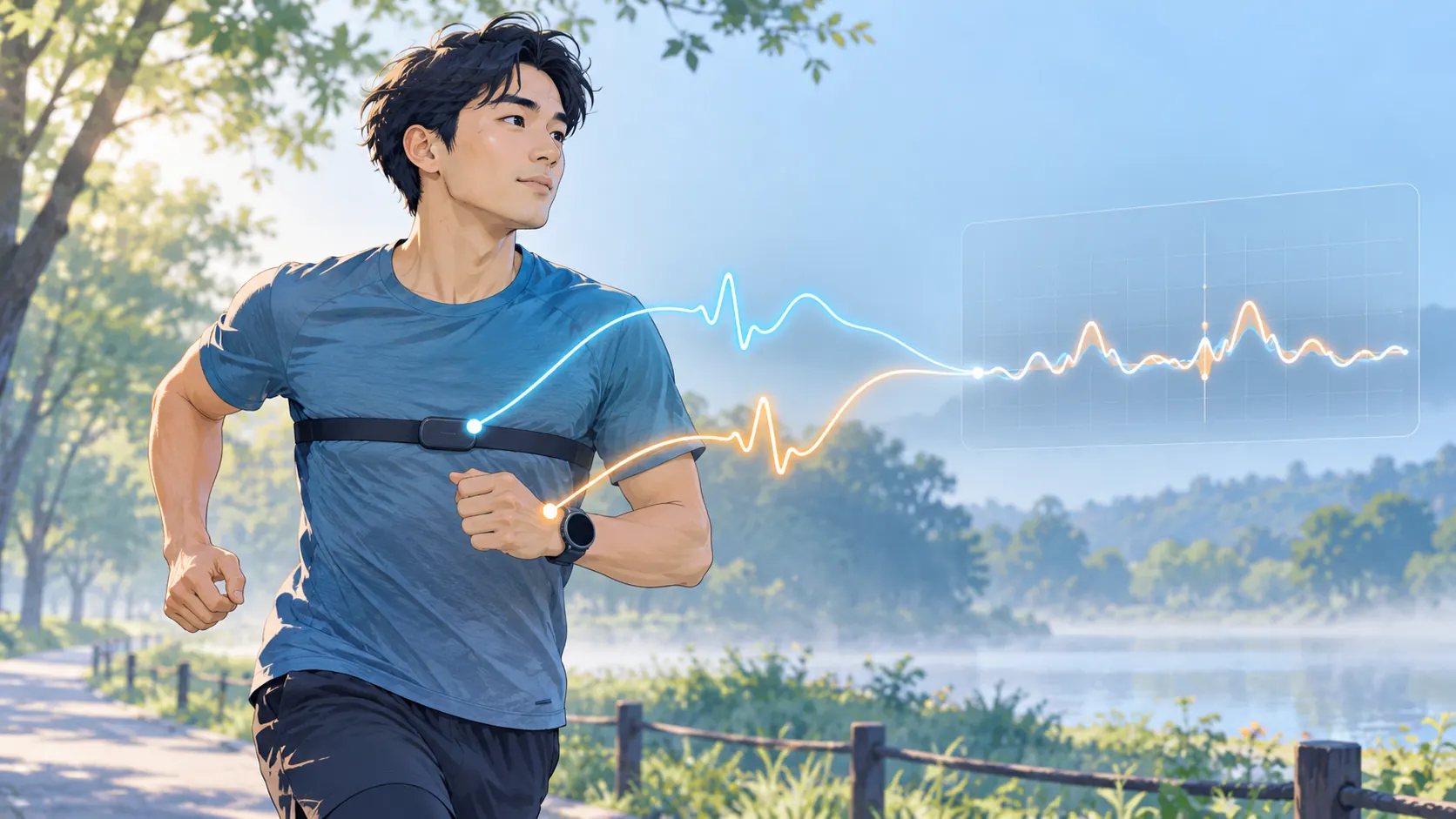 胸部ストラップと腕時計型心拍計を着けて走るランナーの概念イラスト。製品写真ではない。