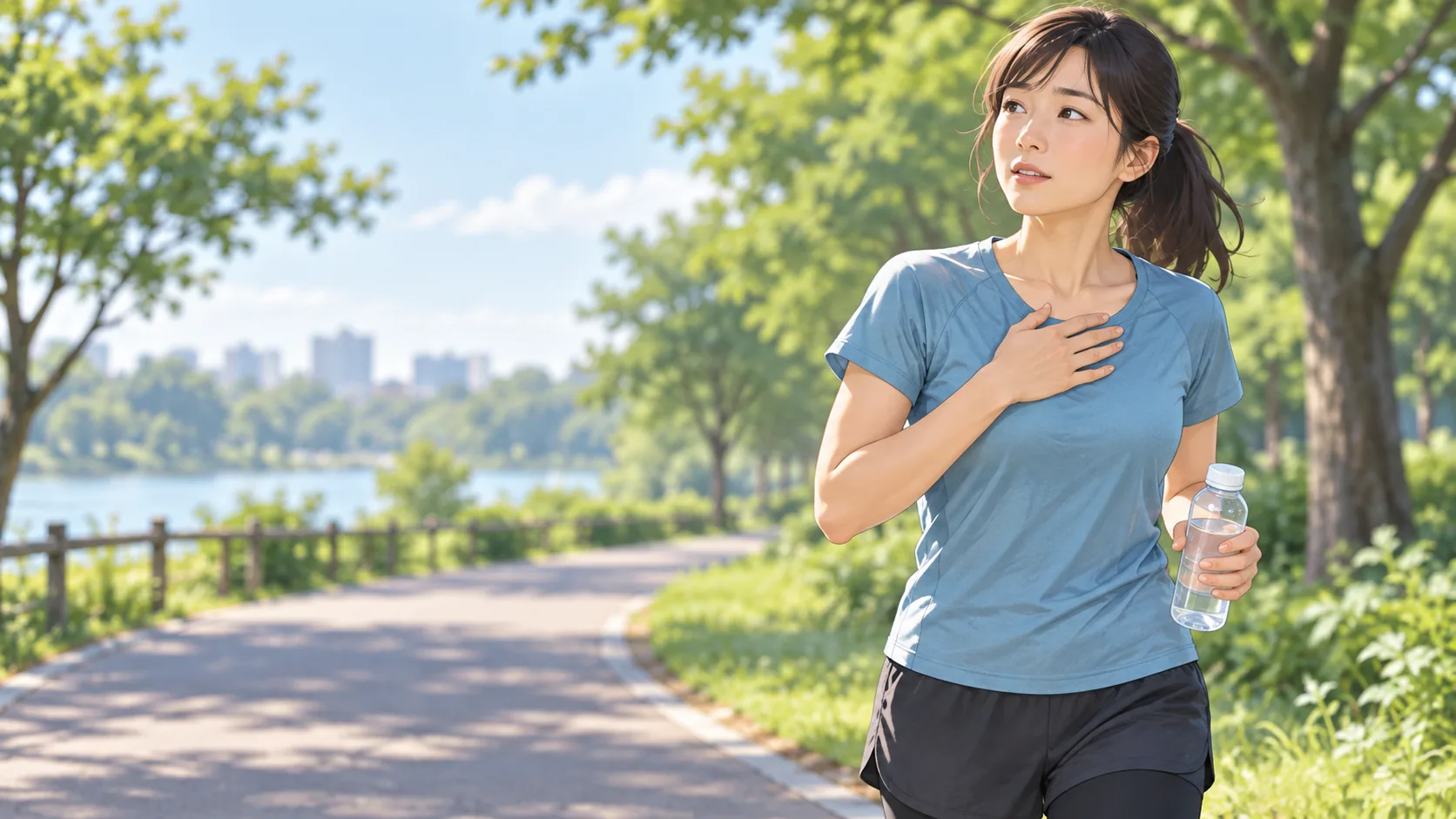 ランニング中の胸やけを意識して立ち止まるランナーの概念イラスト