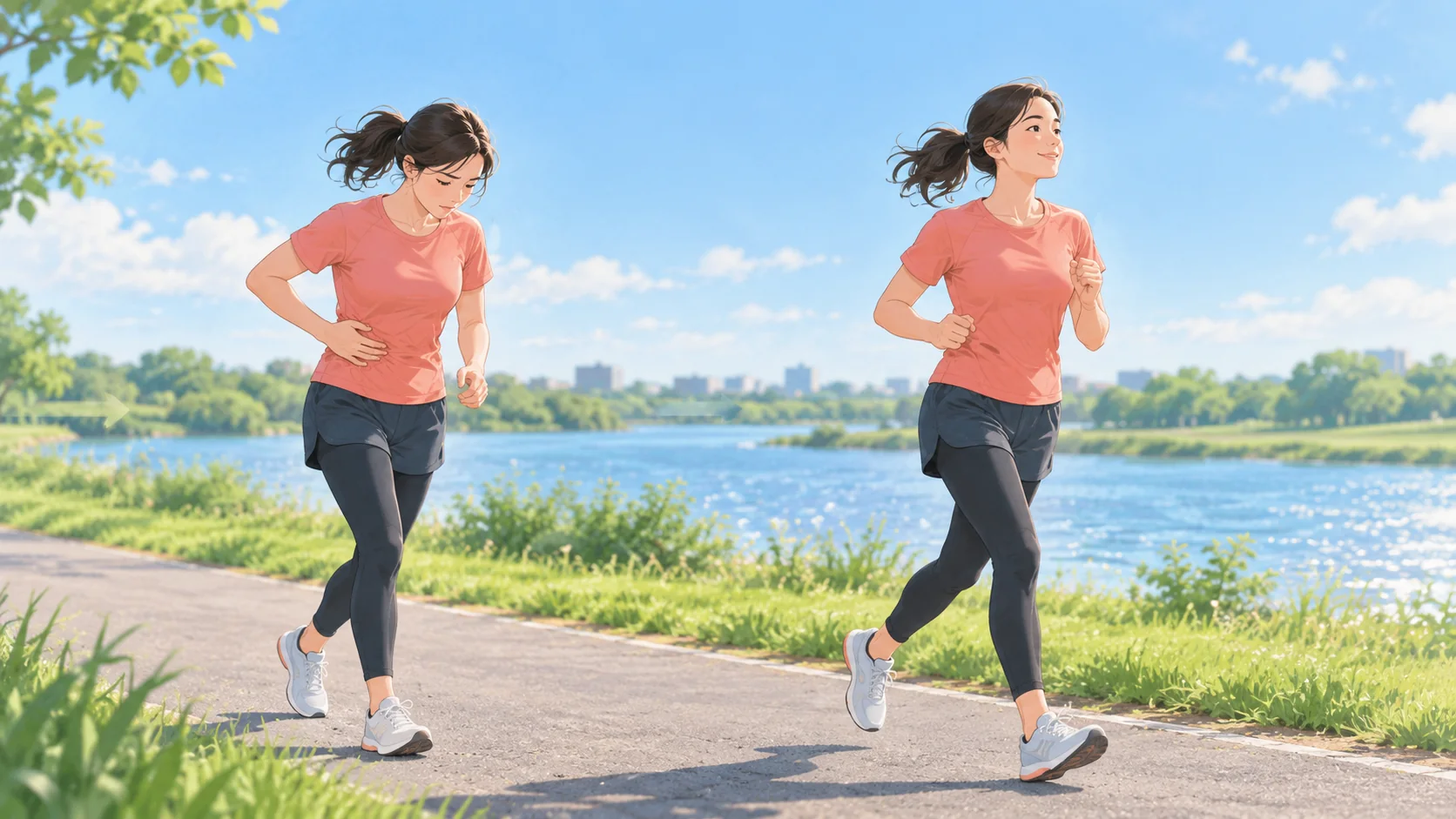 AI-generated conceptual illustration of a runner slowing for side pain before calmly continuing