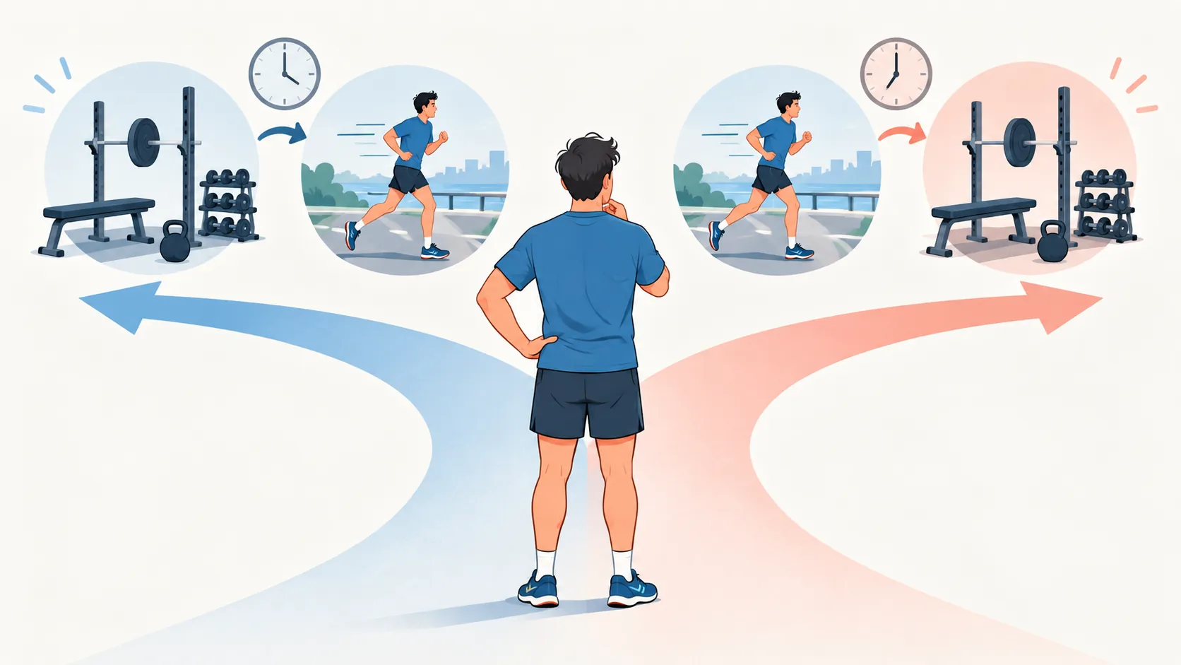 Concept illustration of a runner choosing whether to lift weights or run first on the same day
