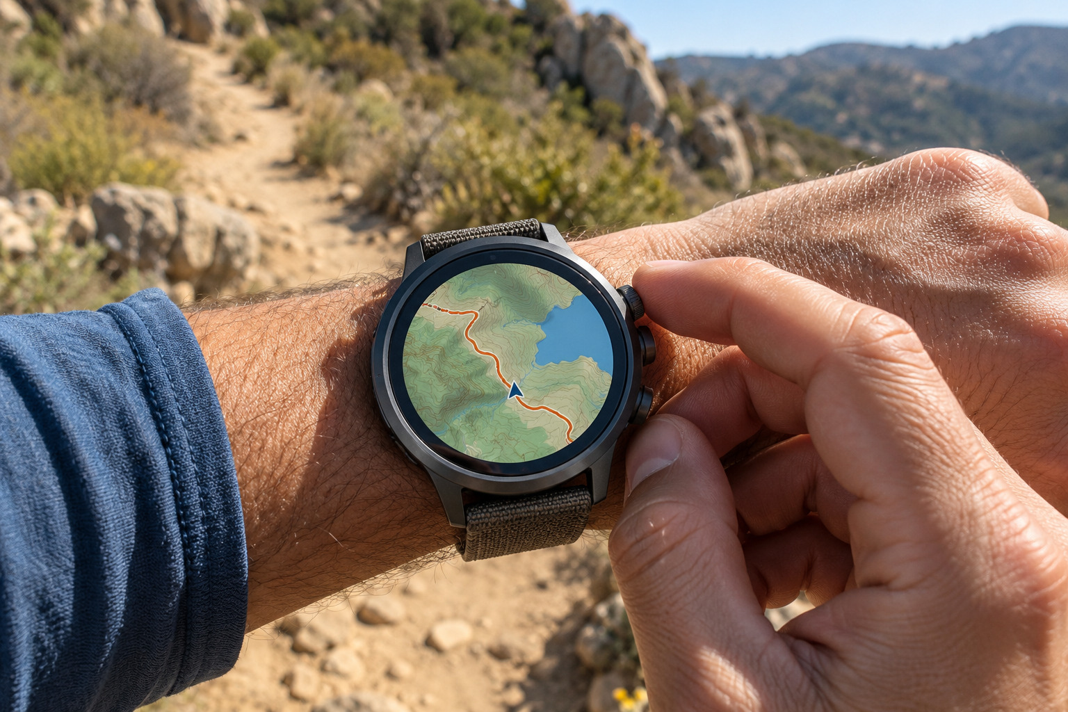 AI-generated illustration of a runner checking an offline-style route map on a lightweight sports watch