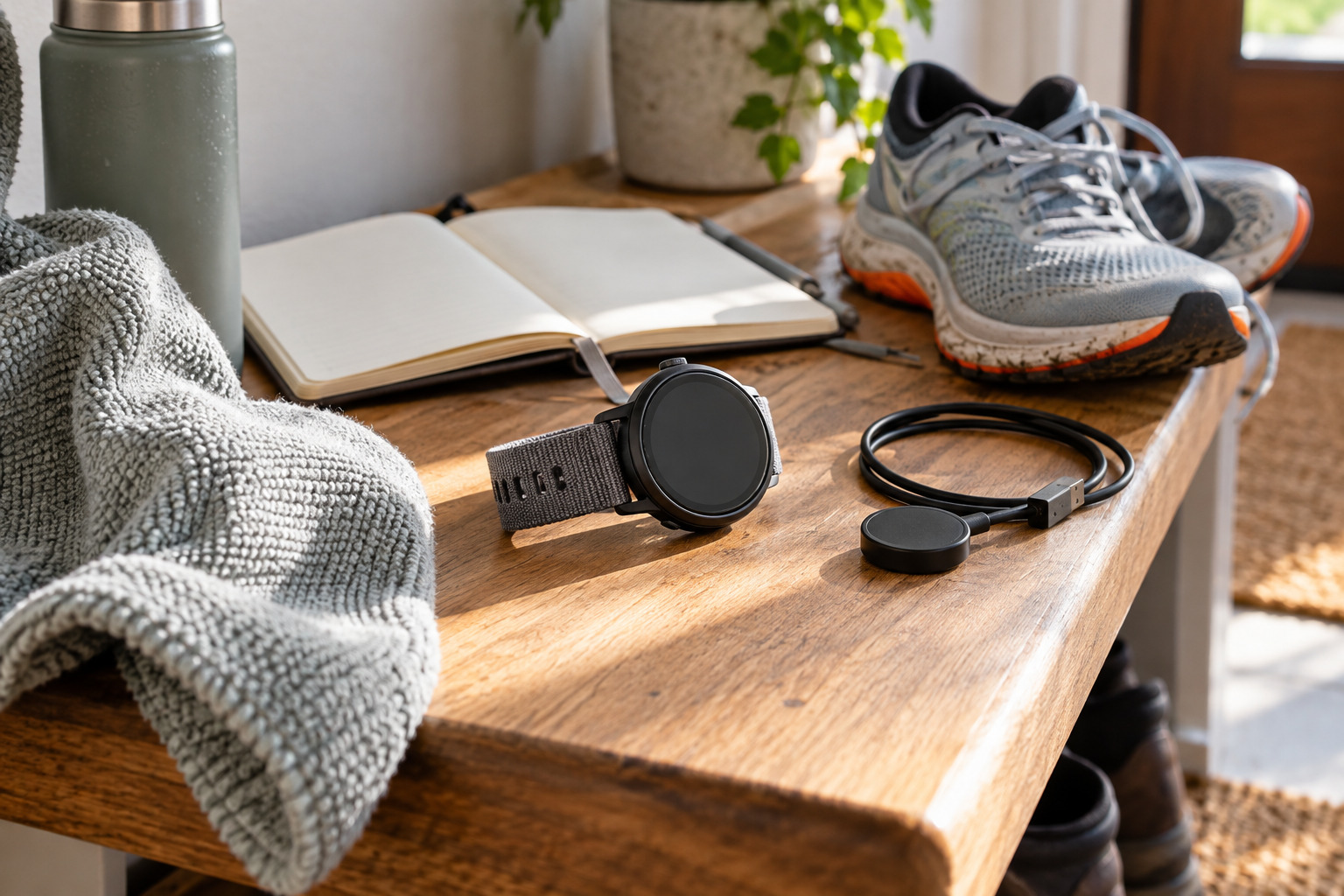 AI-generated illustration of a lightweight running watch beside shoes and a blank training notebook after a run