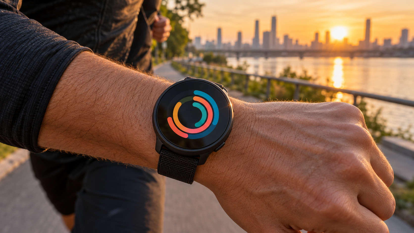 AI-generated image of a lightweight running watch on a runner's wrist at sunrise