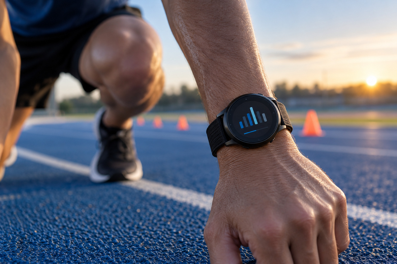 AI-generated illustration of a lightweight running watch used for interval training on a track