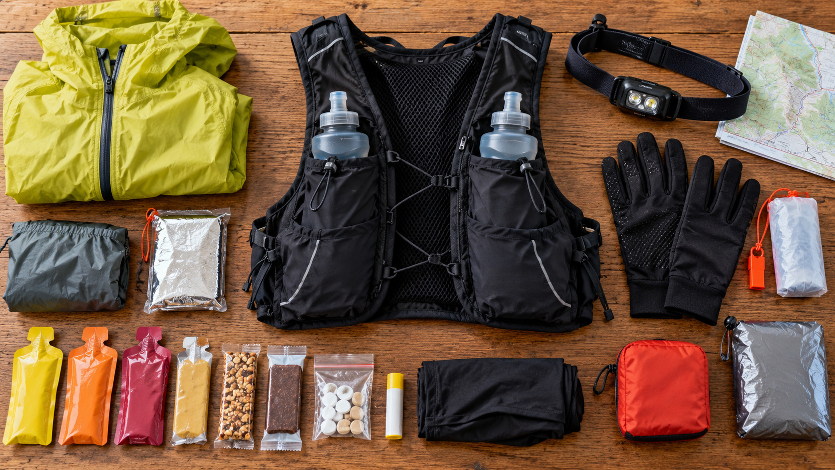 AI-generated flat lay of a trail-running vest packed with headlamp, rain shell, soft flasks and safety gear
