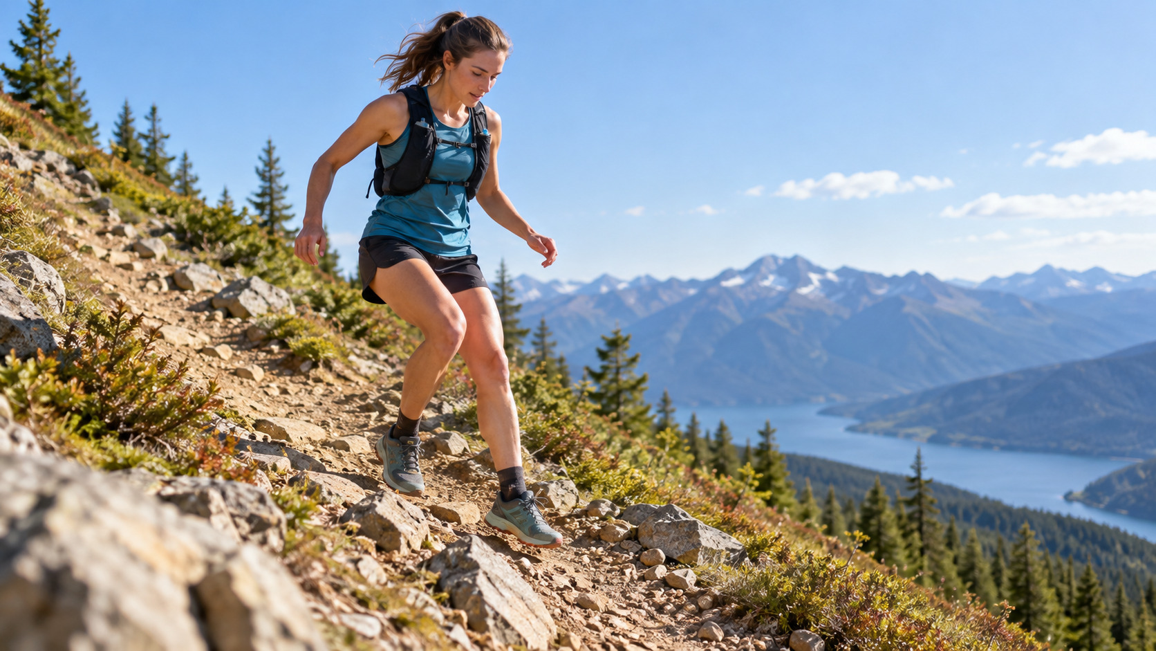 AI-generated illustration of a trail runner descending a moderate rocky slope with controlled posture