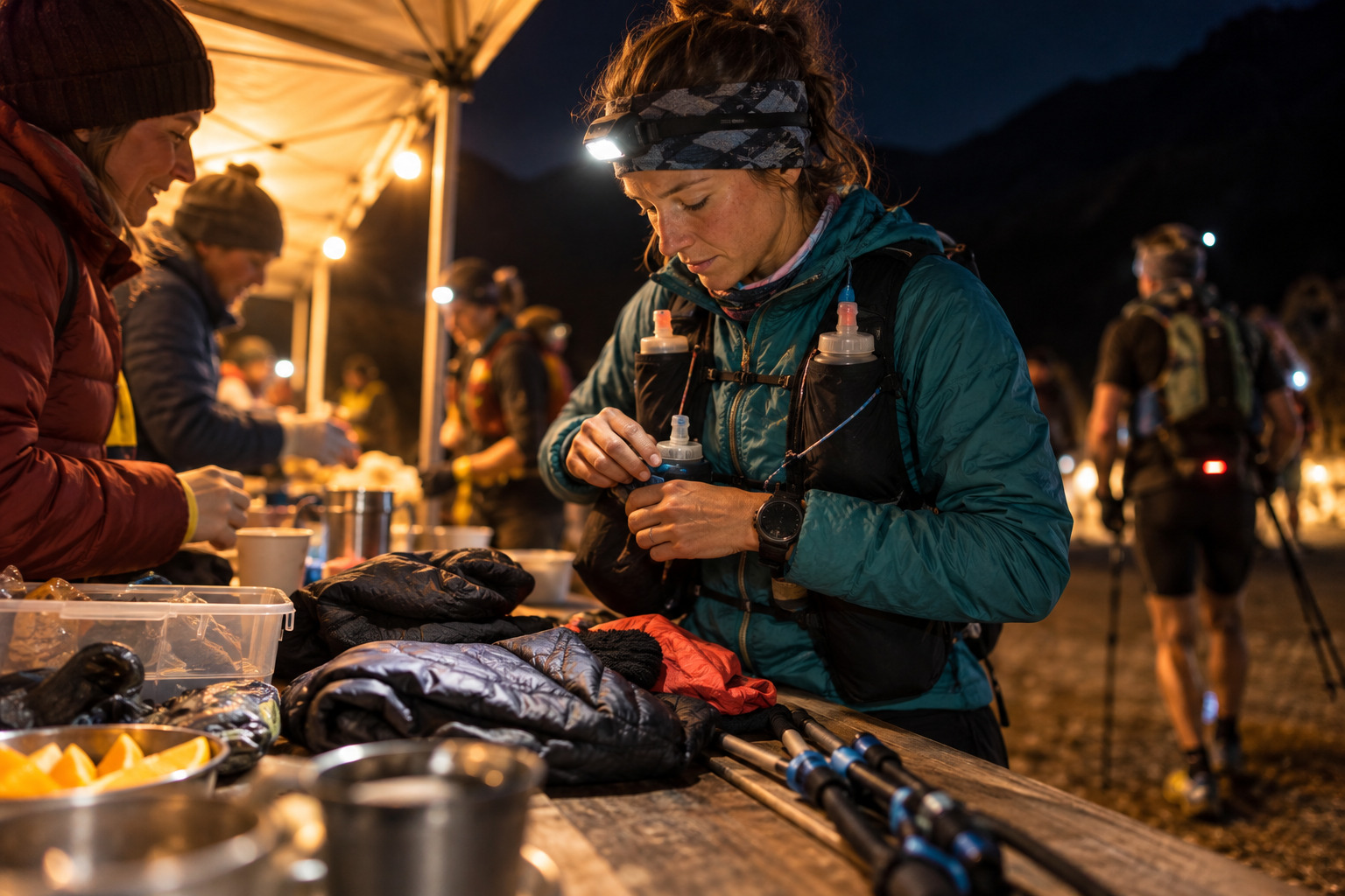 Ultra runner preparing gear at a night trail checkpoint