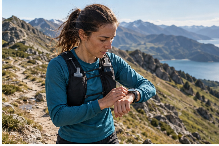 Trail runner checking a GPS watch