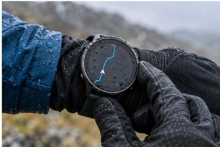 GPS watch being used with gloves in rain