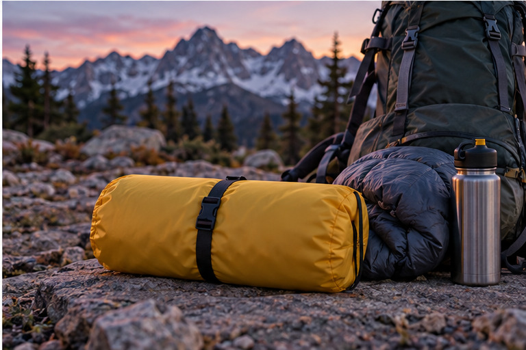 Deflated insulated sleeping pad packed beside a backpack and quilt at a trailhead
