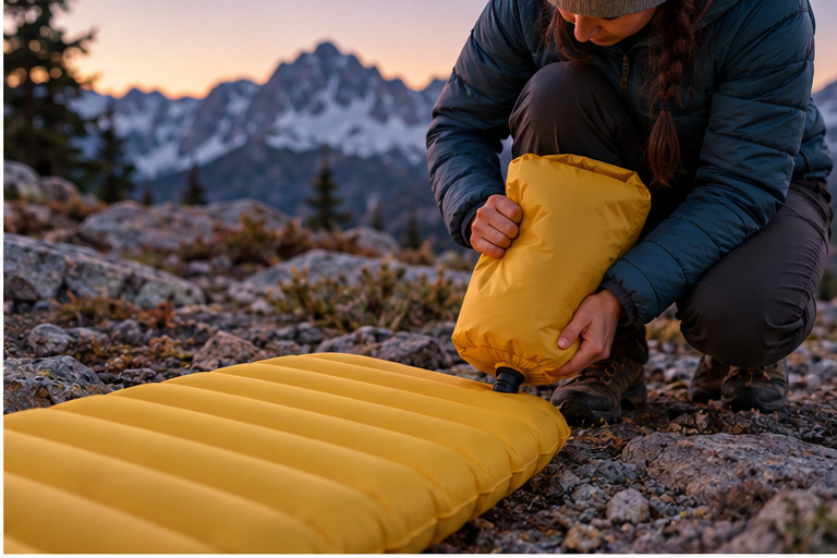 Hiker inflating an insulated sleeping pad with a pump sack