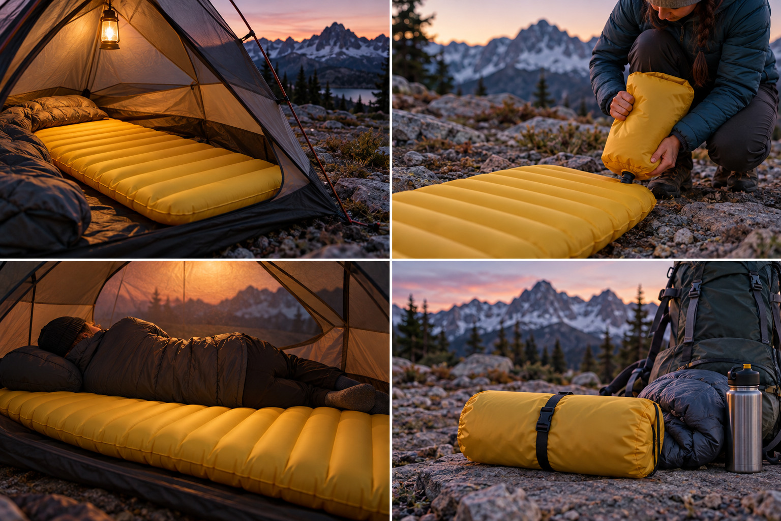 Fully clothed hiker resting on an insulated sleeping pad in a small tent