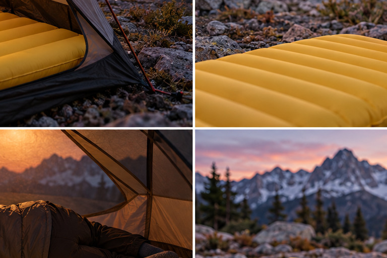 Insulated inflatable sleeping pad inside a compact backpacking tent at dusk